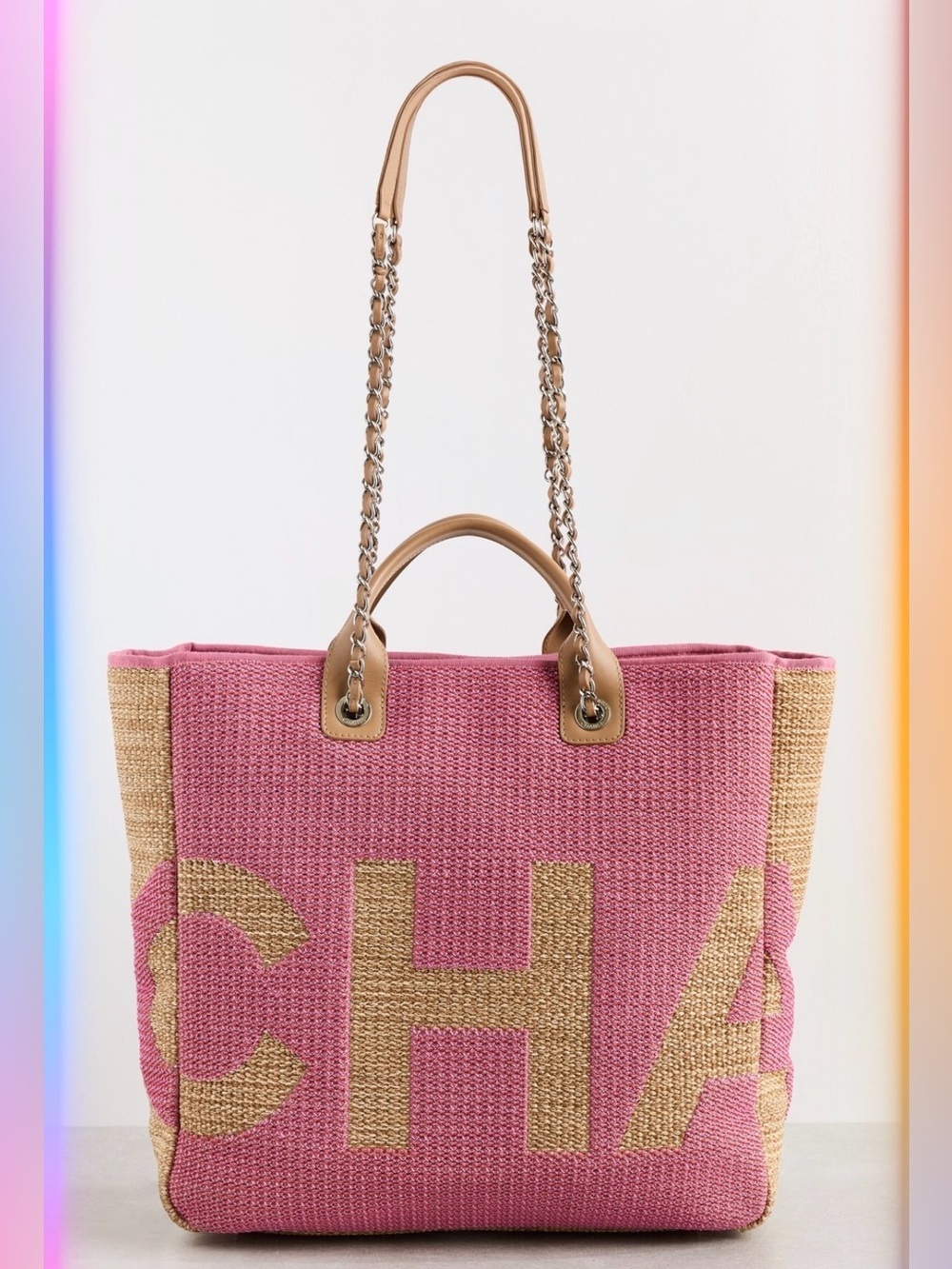 Chanel Pink Raffia Large Shopping Tote